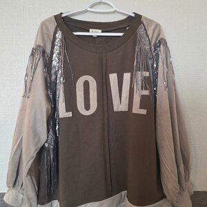 POL LOVE Graphic Sequin Fringe Sleeve Oversized Top Size Large